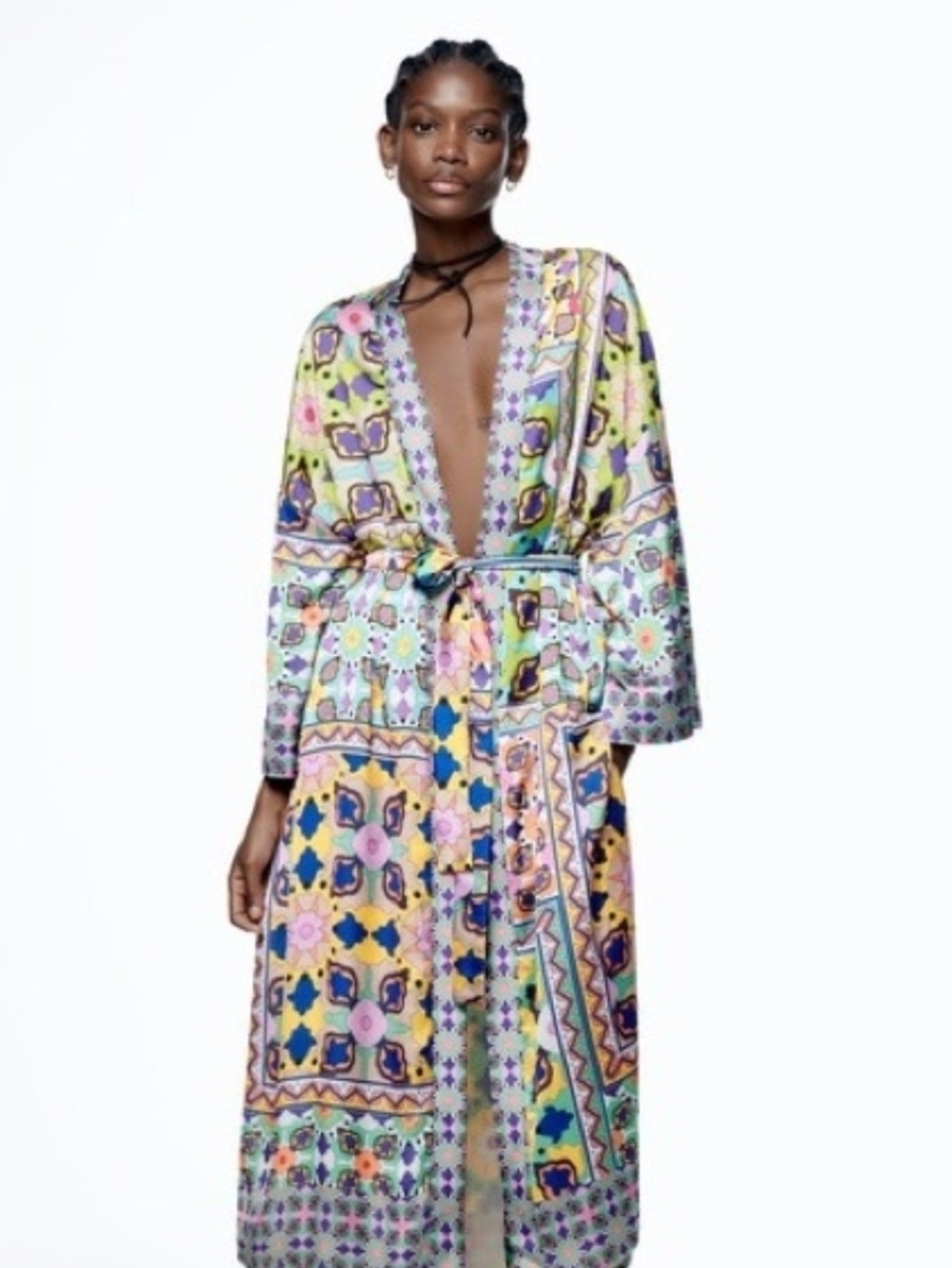 Zara Satin Effect Printed Belted Kimono Robe
